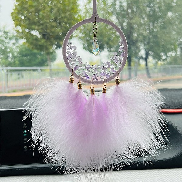 

PandaHall Iron Ring Woven Net/Web with Feather Car Hanging Decoration, with Glass Teardrop Charms, for Car Rearview Mirror Decoration, Lilac..., Purple