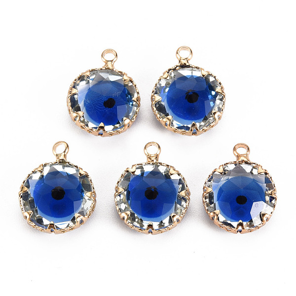 

PandaHall Transparent Glass Pendants, with Brass Prong Settings, Faceted, Flat Round with Evil Eye, Light Gold, Blue, 17x13x6mm, Hole: 1.8mm...