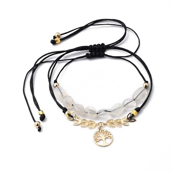 

PandaHall Adjustable Nylon Thread Braided Bead Bracelets Sets, with Natural Moonstone Beads and Brass Findings, Flat Round with Tree of Life..., Black