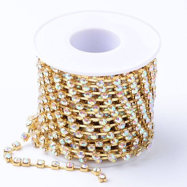 

PandaHall Brass Rhinestone Strass Chains, with Spool, Rhinestone Cup Chains, Raw(Unplated), Nickel Free, Crystal AB, 2mm, about 10yards/roll..., Clear