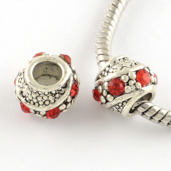 

PandaHall Barrel Antique Silver Plated Metal Alloy Rhinestone European Beads, Large Hole Beads, Light Siam, 10~11x9mm, Hole: 5mm..., Red