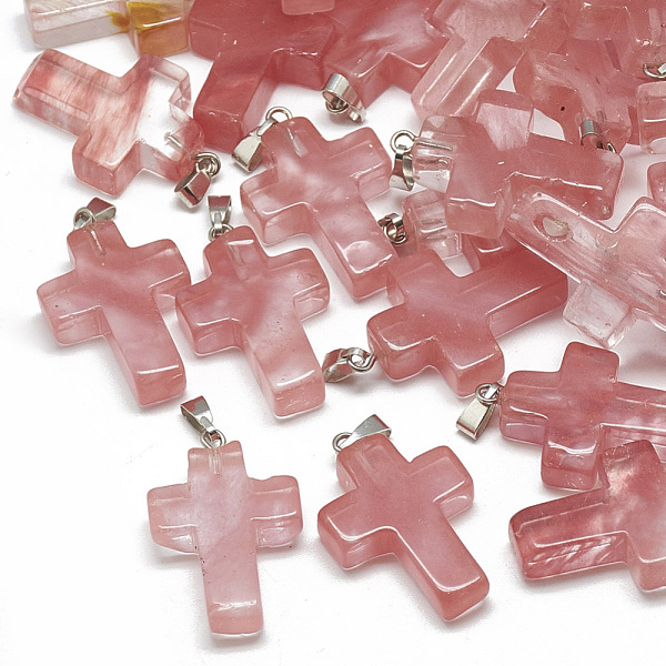 

PandaHall Cherry Quartz Glass Pendants, with Stainless Steel Snap On Bails, Cross, 29~30x18~19x5~6mm, Hole: 6x4mm Cherry Quartz Glass Cross