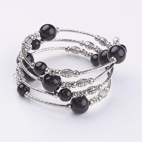 

PandaHall Glass Pearl Bead Wrap Bracelets, Four Loops, with Brass Tube Beads and Iron Bead Spacers, Antique Silver and Platinum, Black...