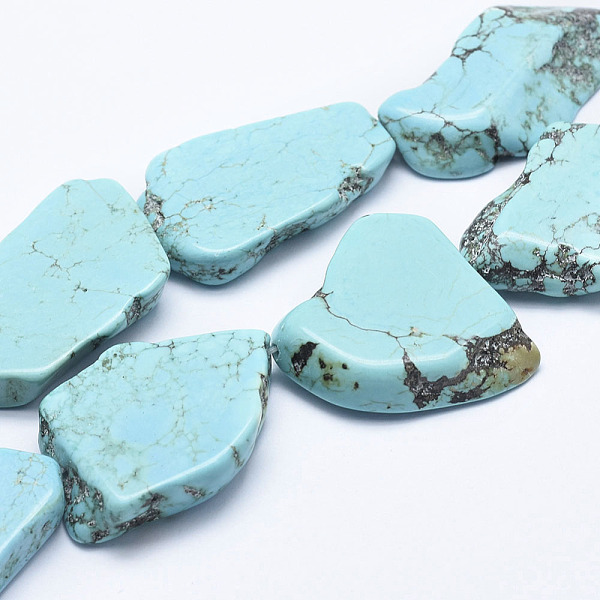 

PandaHall Natural Magnesite Beads Strands, Flat Slab Beads, Dyed & Heated, Nuggets, Cyan, 27~48x20~40x6~8mm, Hole: 1mm, about 8~12pcs/strand...