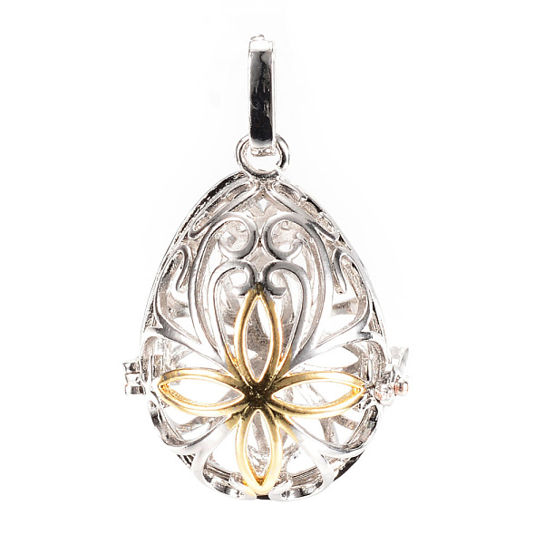 

PandaHall Rack Plating Brass Cage Pendants, For Chime Ball Pendant Necklaces Making, Hollow Teardrop with Flower, Platinum & Golden...