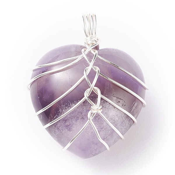 

PandaHall Natural Amethyst Gemstone Pendants, with Silver Tone Copper Wire Wrapped, Heart, 25.5x21x17mm, Hole: 6mm Amethyst Heart
