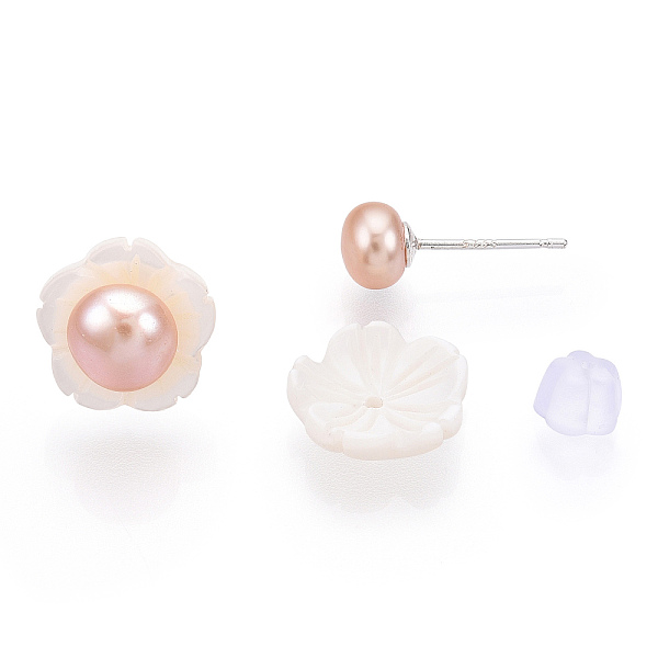 Aretes De Perlas Naturales Y Flores De Concha Blanca