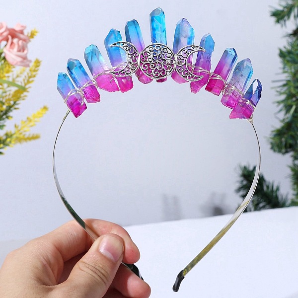 

PandaHall Raw Natural Quartz Hair Bands, Triple Moon Metal Hair Bands, for Women Girls, Deep Sky Blue, 180x125x20mm Quartz Moon