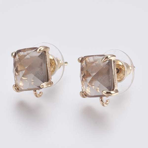 

PandaHall Faceted Glass Stud Earring Findings, with Loop, Light Gold Plated Brass Findings, Square, Dark Gray, 11x10x5mm, Hole: 1mm, Pin...