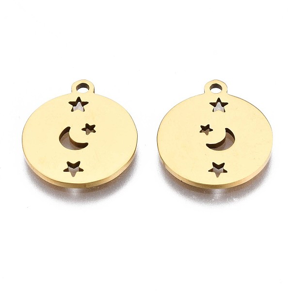 

PandaHall 201 Stainless Steel Pendants, Laser Cut Pendants, Flat Round with Moon & Star, Golden, 15.5x13.5x1mm, Hole: 1.4mm 201 Stainless...