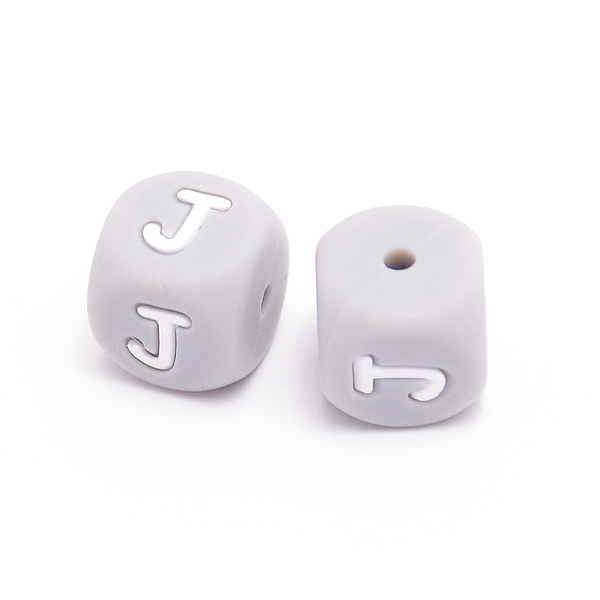 

PandaHall Silicone Beads, Cube with Letter.J, Gray, 12x12x12mm, Hole: 2mm Silicone Cube Gray