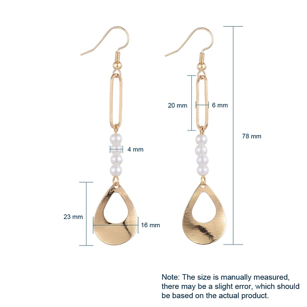 

PandaHall Dangle Earrings, with Glass Pearl Beads, Brass Pendants and Earring Hooks, Teardrop, Real 18K Gold Plated, 78mm, Pin: 0.7mm Glass