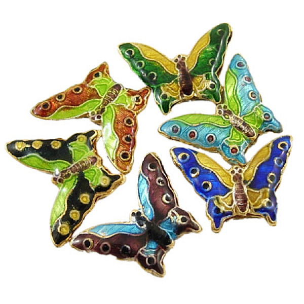 PandaHall Handmade Cloisonne Beads, Mixed Color, Butterfly, 16mm long, 21mm wide, 3mm thick, hole: 2mm Brass Butterfly Multicolor