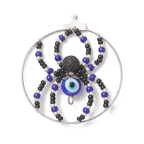 

PandaHall Brass Pendants, with Glass Seed & Evil Eye Lampwork & Natural Lava Rock Beads, Ring with Spider Charms, Blue, 44~48x40~43x8mm...