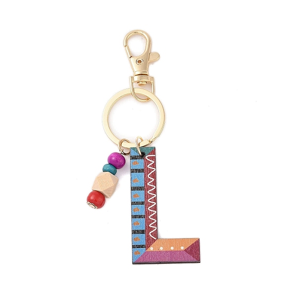 

PandaHall Wood Keychain, with Dye & Iron Key Ring, Letter L, 11.6~12.1cm Wood Letter L