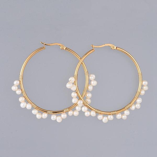 

PandaHall 304 Stainless Steel Hoop Earrings, Beaded Hoop Earrings, with Natural Cultured Freshwater Pearl Beads, Ring, Golden, 44.5mm, Pin...