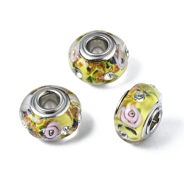 

PandaHall Handmade Lampwork European Beads, with Gold Foil and Rhinestone, Large Hole Rondelle Beads, with Platinum Tone Brass Double Cores..., Yellow
