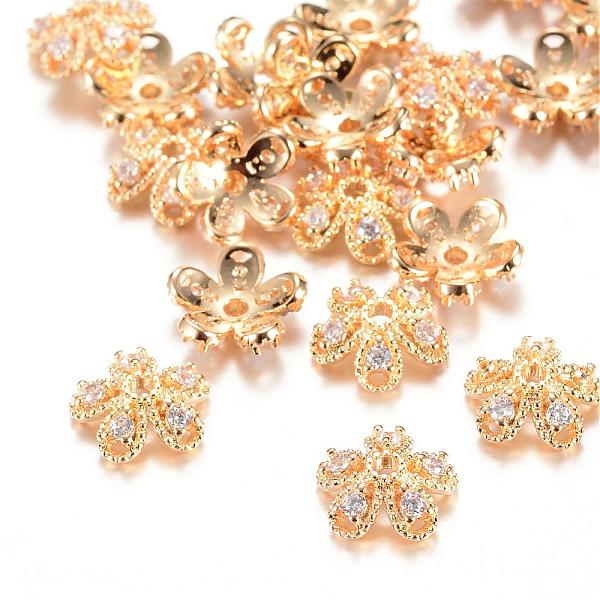 

PandaHall 5-Petal Brass Fancy Bead Caps, with Rhinestone, Flower, Light Gold, 8x8.5x3mm, Hole: 1mm Brass+Rhinestone Clear