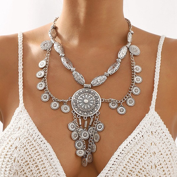 Tibetan Style Alloy Flat Round Bib Necklaces