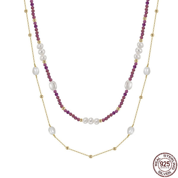 

PandaHall Natural Lepidolite & Pearl Beaded Double Layer Necklaces, with 925 Sterling Silver Chains, with 925 Stamp, Real 14K Gold Plated...