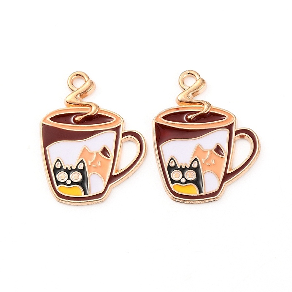 PandaHall Alloy Enamel Pendants, Light Gold, Coffee Cup with Cat Charm, White, 25x19.5x1.6mm, Hole: 1.6mm Alloy+Enamel Cat Shape White