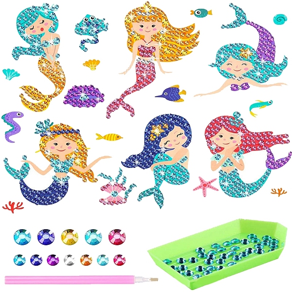 PandaHall DIY Mermaid Diamond Painting Sticker Kits, including Self Adhesive Sticker and Resin Rhinestones, Mixed Color, 60~70mm, 6 patterns...