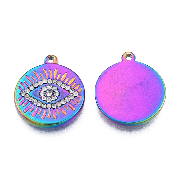 

PandaHall 304 Stainless Steel Pendants, with Crystal Rhinestone, Flat Round with Eye, Rainbow Color, 21x18x2.5mm, Hole: 1.4mm Stainless..., Clear