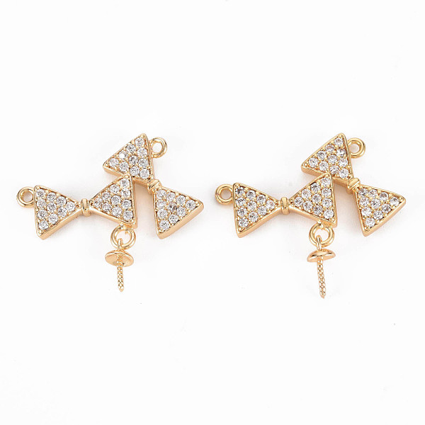 

PandaHall Brass Micro Pave Clear Cubic Zirconia Peg Bails Links Connectors, for Half Drilled Bead, Nickel Free, Bowknot, Real 18K Gold...