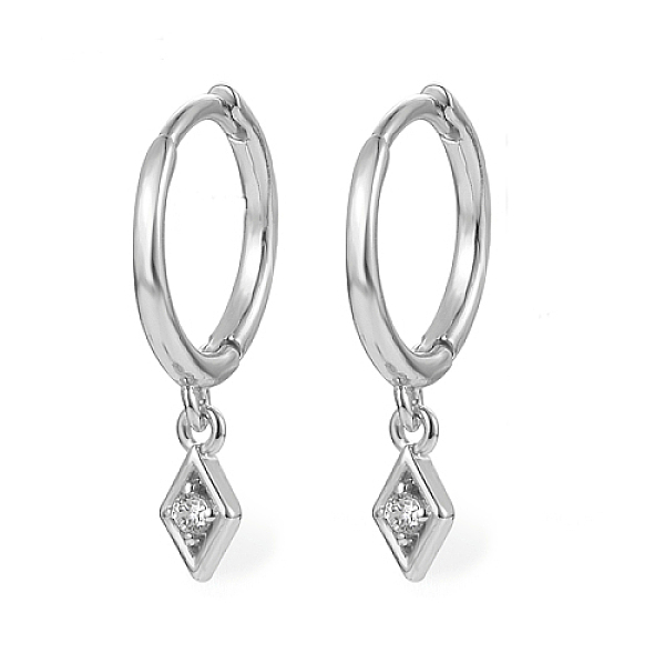 

PandaHall Clear Cubic Zirconia Rhombus Dangle Hoop Earrings, 925 Sterling Silver Earrings, Silver, 18mm Sterling Silver Rhombus Clear