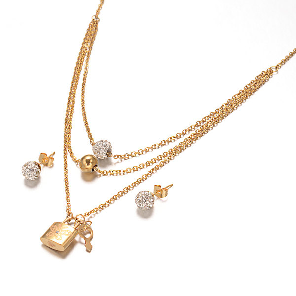 

PandaHall Lock 304 Stainless Steel Tri-Tiered Necklaces and Ear Studs Jewelry Sets, with Polymer Clay Rhinestone and Lobster Claw Clasps..., White