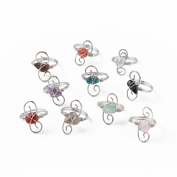 

PandaHall Natural Mixed Gemstone Chips with Vortex Finger Ring, Platinum Brass Wire Wrap Jewelry for Women, Inner Diameter: 18mm Mixed Stone