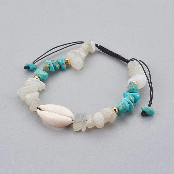 Synthetic Turquoise(Dyed) & Natural White Moonstone Chip Braided Bead Bracelets