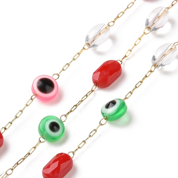 

PandaHall Flat Round with Evil Eye Glass Beaded Chains, with Golden 304 Stainless Steel Paperclip Chains, Unwelded, Red, 6x4mm, 7.5x4.5x3mm...