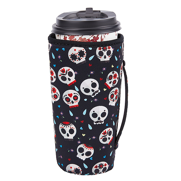 PandaHall Neoprene Cup Sleeve, Insulated Reusable Coffee & Tea Cup Sleeves, with Handle, Skull Pattern, 186x140mm Synthetic Rubber Skull