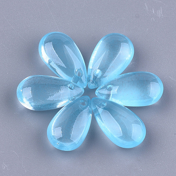 pandahall transparent spray painted glass charms, teardrop, light sky blue, 13.5~14x7.5x5mm, hole: 1mm glass teardrop