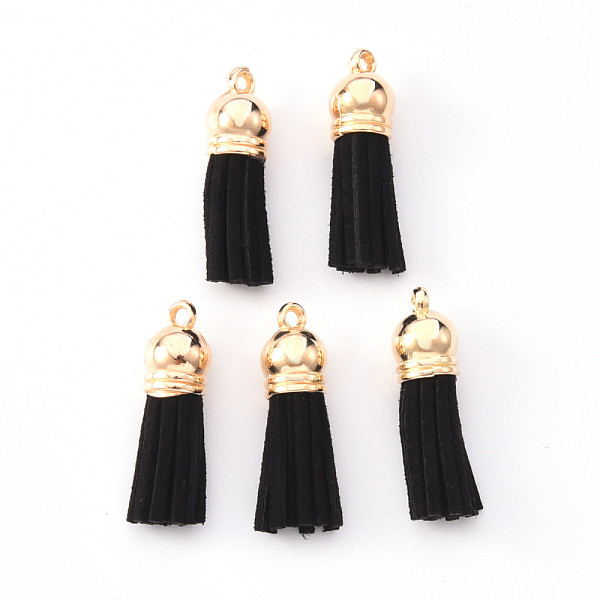 

PandaHall Faux Suede Tassel Pendant Decorations, with CCB Plastic Cord Ends, Light Gold, Black, 33~35x10mm, Hole: 2.5mm Faux Suede Black