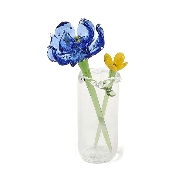 Juego de flores y jarrones de cumpleaños hechos a mano con lampwork para exhibición de mesa.