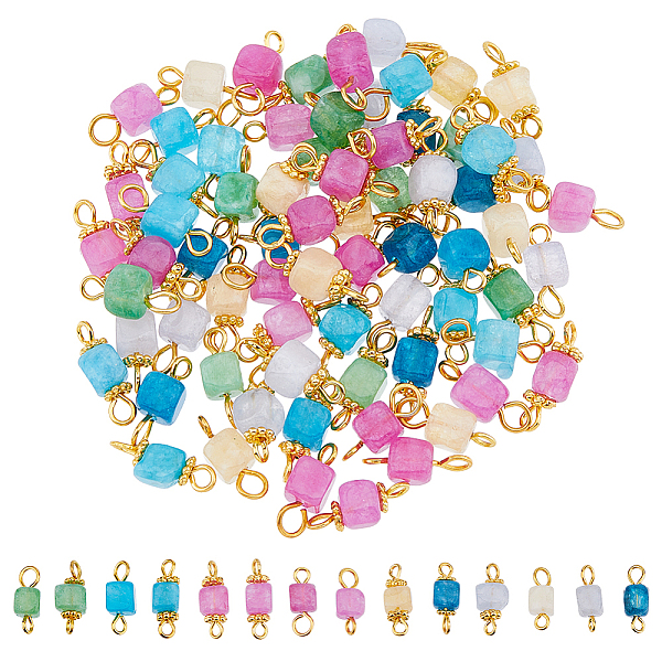 84Pcs 14 Style Dyed & Heated Natural Quartz Connector Charms, Cube Links, with Golden Tone Alloy Spacer Beads and 304 Stainless Steel Eye Pins, Mixed Color, 14-15x5-7x5-7mm, Hole: 2.5mm, 6pcs/style