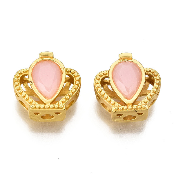 

PandaHall 8-Hole Brass Beads, with Resin Beads, Hollow, Crown, Matte Gold Color, Pink, 10.5x12x6mm, Hole: 2mm Brass+Resin Crown Pink