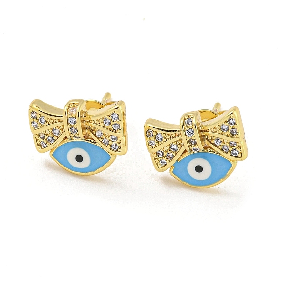 

PandaHall Bowknot with Evil Eye Real 18K Gold Plated Brass Stud Earrings, with Enamel and Clear Cubic Zirconia, Deep Sky Blue, 9x11.5mm...