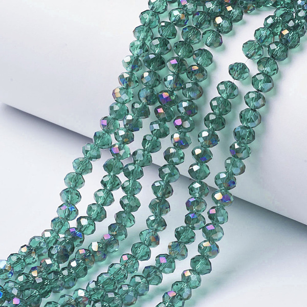 

PandaHall Electroplate Transparent Glass Beads Strands, Half Rainbow Plated, Faceted, Rondelle, Dark Cyan, 4x3mm, Hole: 0.4mm, about...