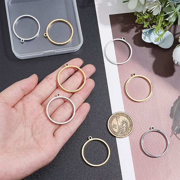 

PandaHall UNICRAFTALE 8Pcs 2 Colors 304 Stainless Steel Open Back Bezel Pendants Ring Circle Shape Charms Manual Polishing Hollow Frame...