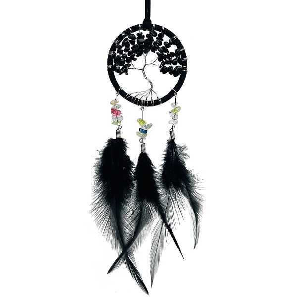 

PandaHall Iron & Glass Pendant Hanging Decoration, Woven Net/Web with Feather Car Hanging Decor, Flat Round with Tree of Life, Black, 460mm...