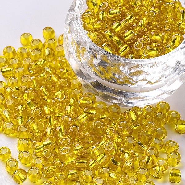 

PandaHall 6/0 Glass Seed Beads, Silver Lined Round Hole, Round, Yellow, 4mm, Hole: 1.5mm, about 6639 pcs/pound Glass Yellow