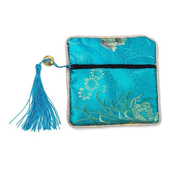 

PandaHall Chinese Brocade Tassel Zipper Jewelry Bag Gift Pouch, Square with Flower Pattern, Deep Sky Blue, 11.5~11.8x11.5~11.8x0.4~0.5cm...