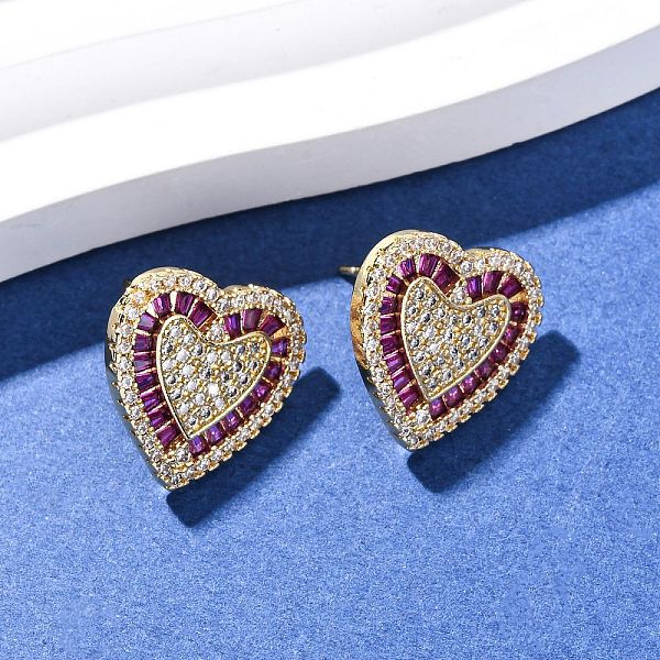 Aretes con forma de corazón y circonita cúbica con micropavé de latón