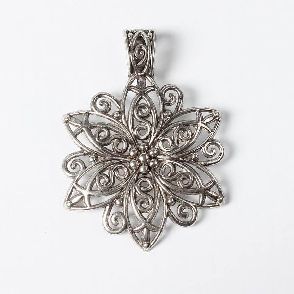 

PandaHall Tibetan Style Alloy Focal Pendants, Lead Free and Cadmium Free, Fancy Filigree Flower, Antique Silver, 64x46.5x1.5mm, Hole: 11x8mm...