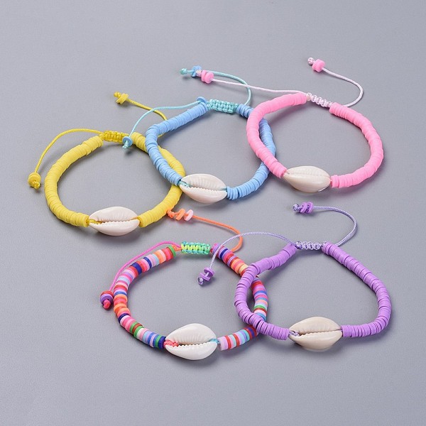 

PandaHall Handmade Polymer Clay Heishi Beads Kids Braided Bracelets, with Cowrie Shell Beads and Nylon Cord, Mixed Color, 1-7/8 inch~2-7/8..., Multicolor