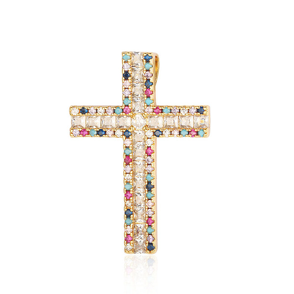 

PandaHall Brass Micro Pave Colorful Cubic Zirconia Pendants, Cross Charms, Real 18K Gold Plated, 34x25x5.7mm Brass+Cubic Zirconia Cross