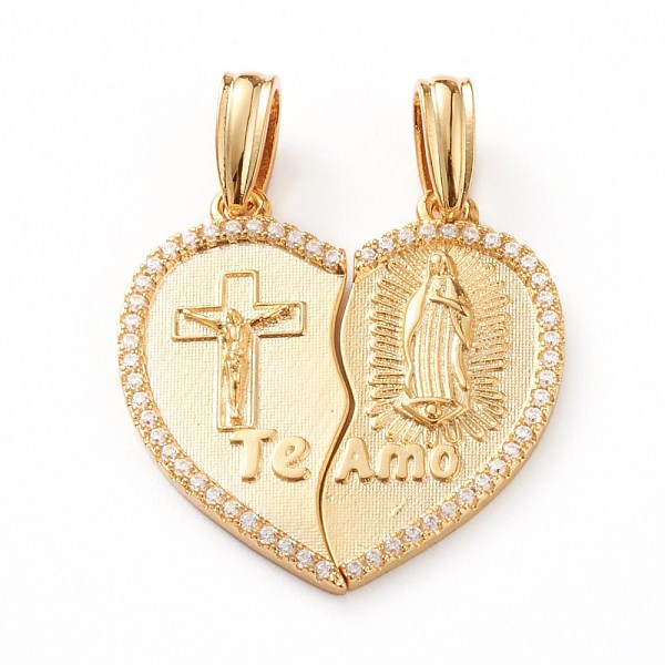 

PandaHall Brass Micro Pave Clear Cubic Zirconia Split Pendants, Long-Lasting Plated, Heart with Virgin Mary & Jesus & Word Te Amo, Real 18K...